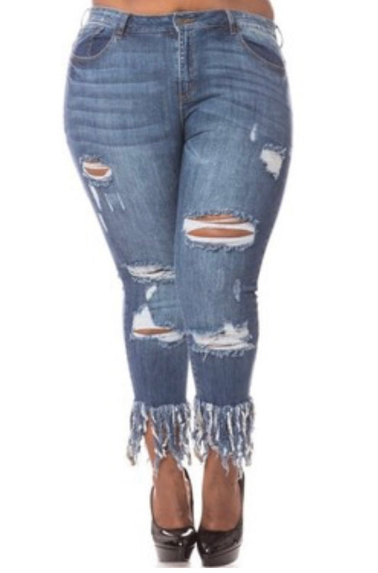 Stressed Ankle Fringed Jeans